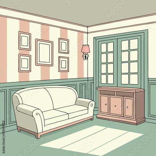 Minimal pastel interior with cream sofa, wooden cabinet and sunlight vector design