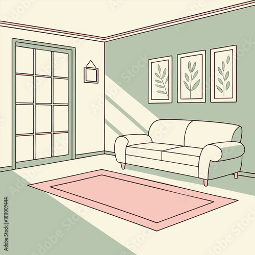 pastel living room, peach wall, cream sofa, modern lamp, pastel decor, soft sunlight, flat 2D vector, clean vector illustration, cozy living room, modern home, interior design, apartment interior, fur