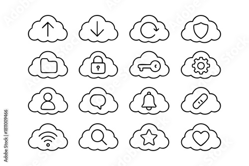 Cloud Computing and Internet Line Icons Set Vector - Storage, Security, Data, and Network Symbols