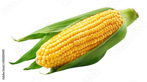Fresh yellow corn on the cob with green husks, isolated on transparent background