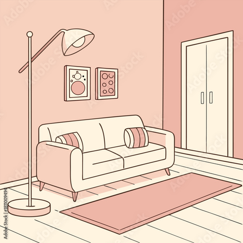Minimal pastel interior with cream sofa, lamp and small decor vector design
