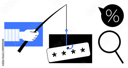 Phishing attempt using password bait, magnifying glass, and percentage icon. Ideal for cybersecurity, fraud detection, online scams, internet security, data protection, warning systems hacking