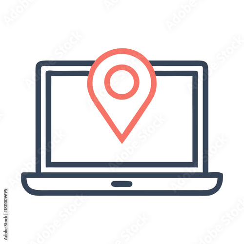 Laptop with Location Pin Icon Vector - Geo-targeting, GPS, Remote Work, and Tracking Symbol.