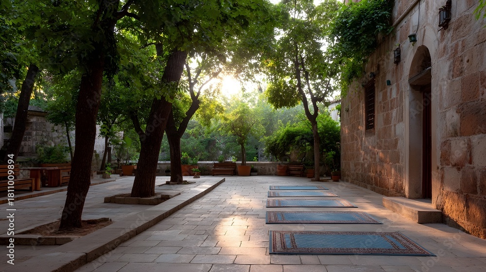 Obraz premium Sacred sunlit courtyard with prayer mats and ancient trees