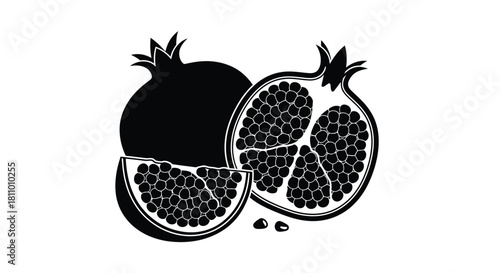 Black and white illustration of pomegranates whole and cut open with seeds