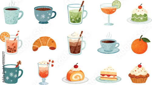 Winter Drinks and Treats Textured Vector Set, Cocoa Cup, Gingerbread, Peppermint, Pastry and Holiday Sweets