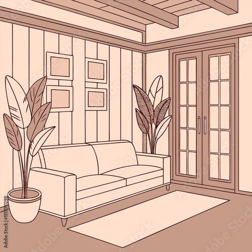 Minimal pastel terracotta interior with white sofa and wooden textures vector design