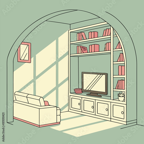 Minimal pastel interior with arched shelf, beige sofa and small decor vector design