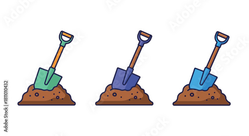 Three colorful shovels digging in piles of soil isolated vector illustration