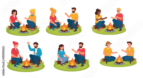 Diverse group of people enjoying a relaxed conversation around campfires