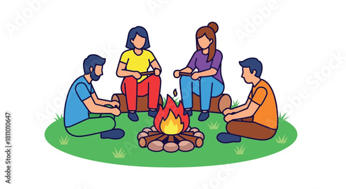 friends gathered around a cozy campfire enjoying an outdoor evening