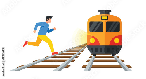 A man running towards an approaching yellow train on railroad tracks