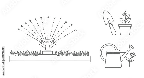 Garden tools and elements sprinkler watering can plant and trowel illustration