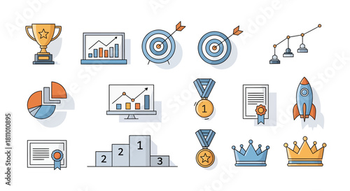 Set of business and success icons trophy, chart, target, award, diploma, crown, podium, rocket