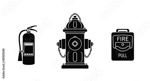 Three black and white icons representing fire safety equipment displayed together