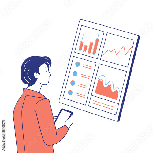 Man viewing business data dashboard on large screen analyzing charts and reports