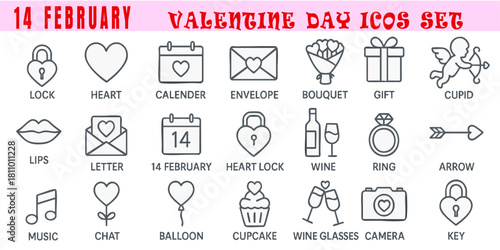 Valentine's Day Icon Set: A captivating illustration featuring a series of meticulously crafted icons, each a symbol of love, romance, and the spirit of Valentine's Day. 