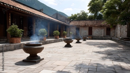 Peaceful monastery courtyard with ancient stone architecture and smoking incense burners
