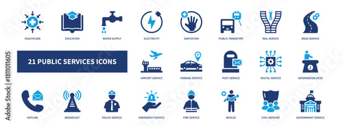 public service icon set, solid style, vector illustration