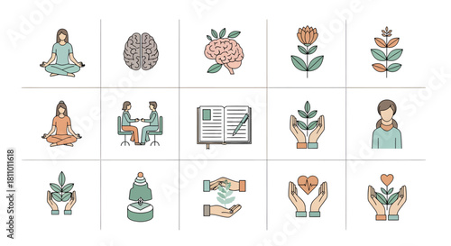 Collection of icons representing mental health, well-being, and personal growth, including meditation, therapy, and healthy habits