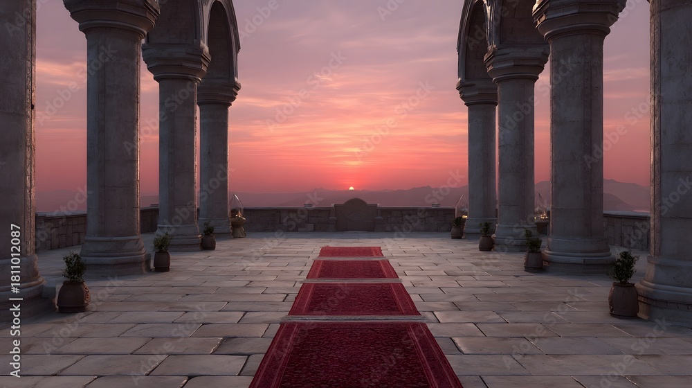 Obraz premium Majestic stone terrace with red carpet leading to a vibrant sunset over the mountains