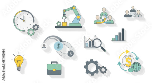 Modern flat design vector icons for business, technology, and finance. Concepts time management, automation, financial growth, global economy, innovation, data analysis, teamwork