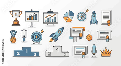 A comprehensive collection of achievement and success vector icons, ideal for business growth, marketing, and goal-setting concepts, featuring awards, recognition, and performance milestones