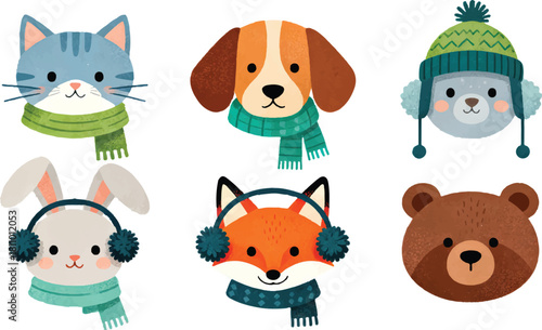Winter Animal Faces Textured Vector Set, Bear, Penguin, Fox, Raccoon and Rabbit with Seasonal Accessories