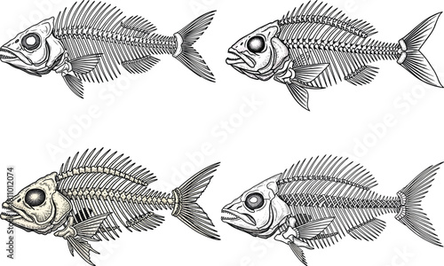 Engraved fish skeleton icon set in vintage seafood illustration style with detailed bone structure and fin patterns