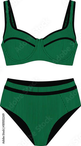Emerald green ribbed high-waist bikini and full-coverage bra set flat vector illustration, retro swimwear fashion technical sketch with black contrasting trim.