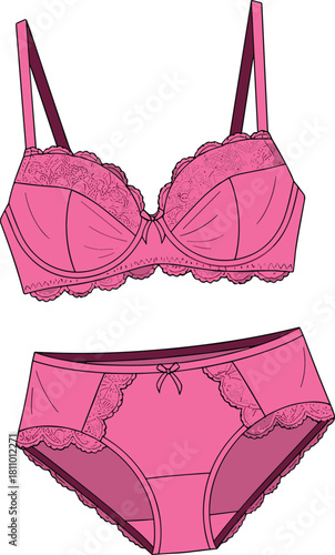 Fuchsia pink women's push-up bra and matching panties flat vector illustration, luxury lingerie set technical fashion sketch with intricate lace trim details.