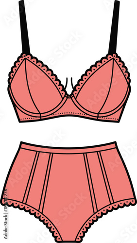 Feminine coral pink lingerie set flat vector illustration fashion design technical sketch, vintage high waist briefs and underwire bra with delicate lace trim details.