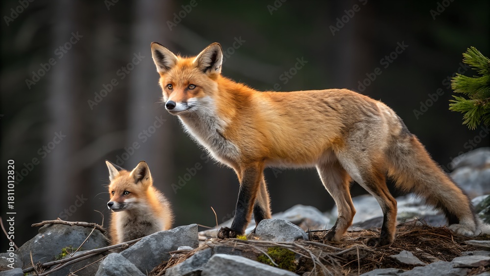 Obraz premium a mother fox with her baby in the wild forest