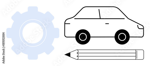 Gear, car outline, and pencil suggesting creativity, engineering, and design process. Ideal for innovation, automotive industry, problem-solving, mechanics product development engineering simple