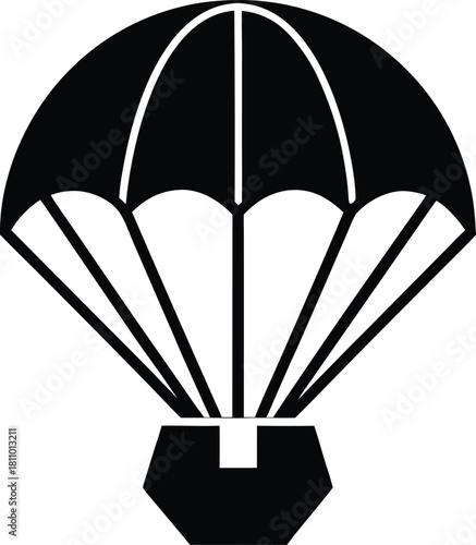 Delivery from above black icon, parachute transporting cargo, air shipping symbol