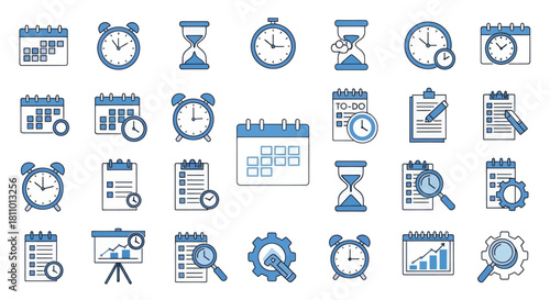 Time Management and Planning Icons Calendar, Clock, Hourglass, and Task List Symbols