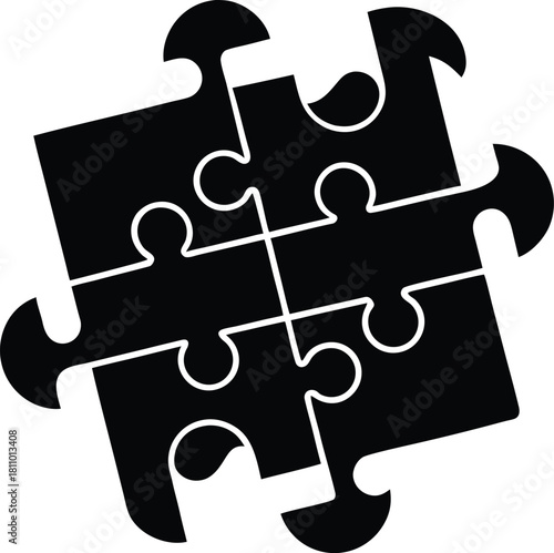 Four interconnected jigsaw puzzle pieces black icon, teamwork problem solving