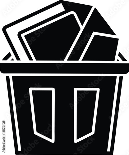 Trash can with documents black icon, deleted files recycle bin data disposal