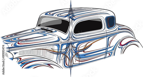 Classic car illustration with swirling lines and detailed design