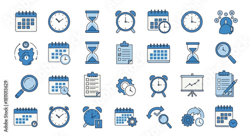 A comprehensive set of blue line icons representing concepts of time, project management, and business efficiency on an isolated background