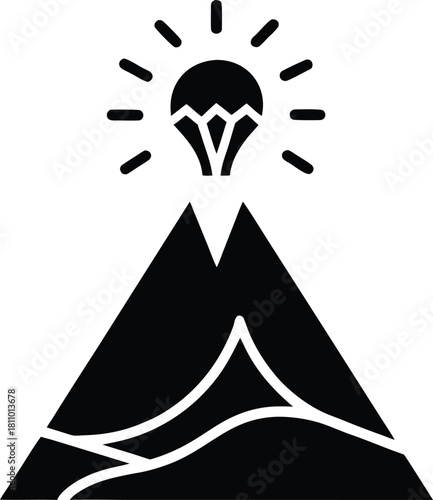 Volcano erupting idea lightbulb with radiating rays above mountain peaks