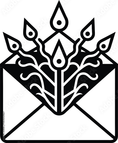 Abstract black envelope with growing plant leaves and drops vector icon art