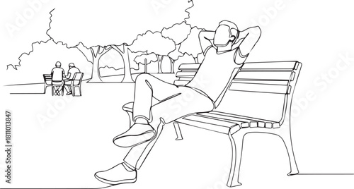 Simple line art vector of man relaxing and contemplating on a park bench