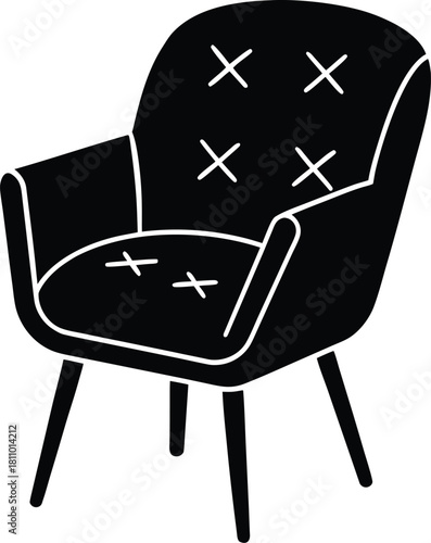 Comfortable black living room chair with four legs on transparent background