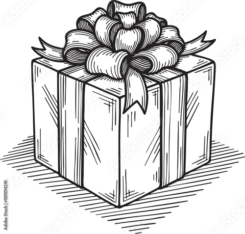 A classic black and white handdrawn gift box with a large elaborate ribbon bow rendered in a vintage engraving or etching style.