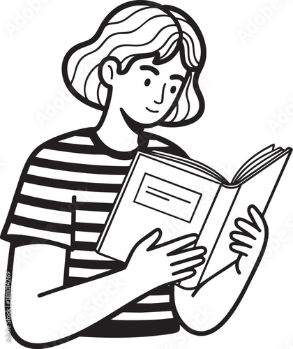 A handdrawn line art illustration of a young woman with short wavy hair and a striped shirt reading a book.