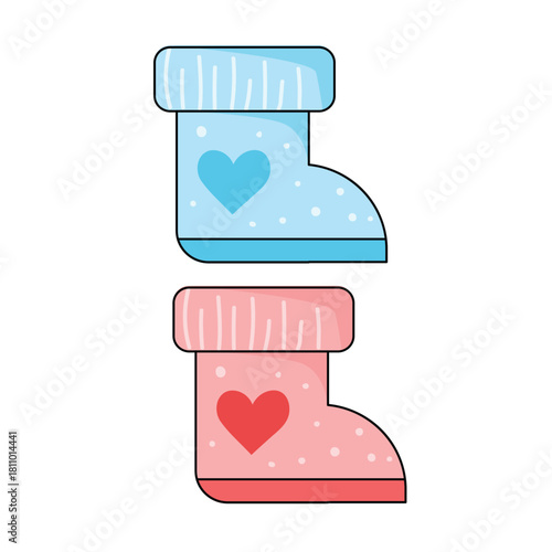 Cute Baby Winter Booties Set: Blue and Pink Newborn Socks with Heart Pattern and Polka Dots Vector Illustration