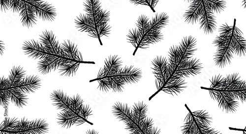 Black and white seamless pattern with pine tree branches, vector illustration for christmas background, winter holiday wrapping paper, nature texture design, isolated on white.