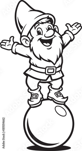 A joyful cartoon gnome with a pointy hat and thick beard balancing happily on a large smooth ball.