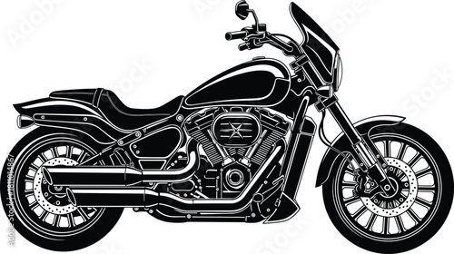 Black and white vector illustration of modern cruiser motorcycle side view isolated on white background for transportation design, chopper custom bike, and motorbike concept.